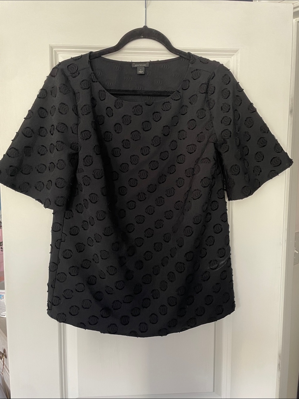 Ann Taylor Black Short-Sleeve Dot Textured Blouse